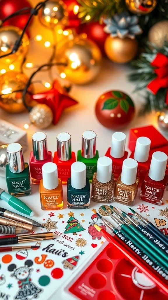 Christmas nail art kit with colorful polishes, brushes, and decorations on a festive background.